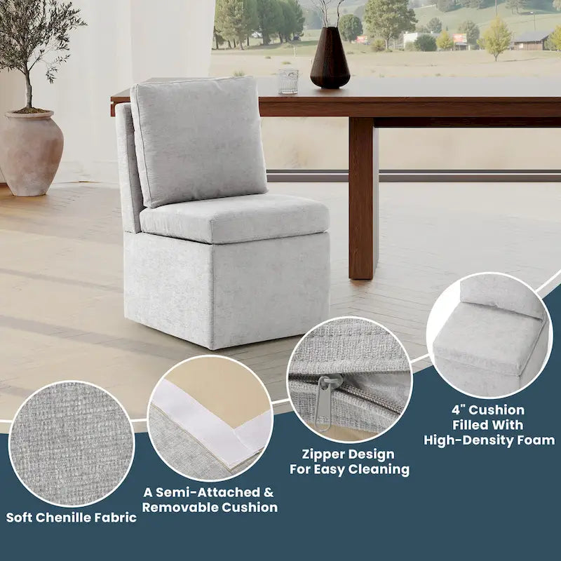 Chaise de salle à manger sans accoudoirs en chenille Stansberry avec rangement sous l'assise et roulettes (lot de 2)
