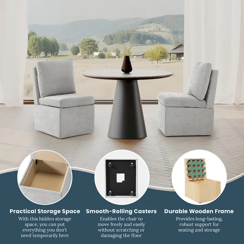 Chaise de salle à manger sans accoudoirs en chenille Stansberry avec rangement sous l'assise et roulettes (lot de 2)