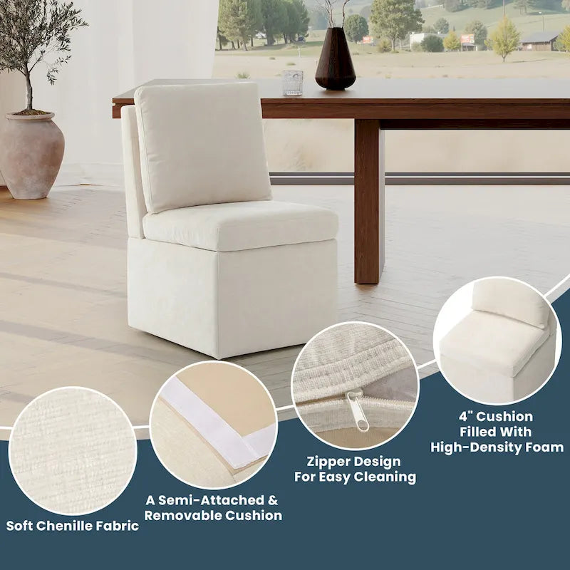 Chaise de salle à manger sans accoudoirs en chenille Stansberry avec rangement sous l'assise et roulettes (lot de 2)