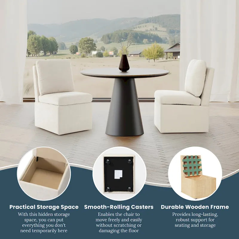 Chaise de salle à manger sans accoudoirs en chenille Stansberry avec rangement sous l'assise et roulettes (lot de 2)