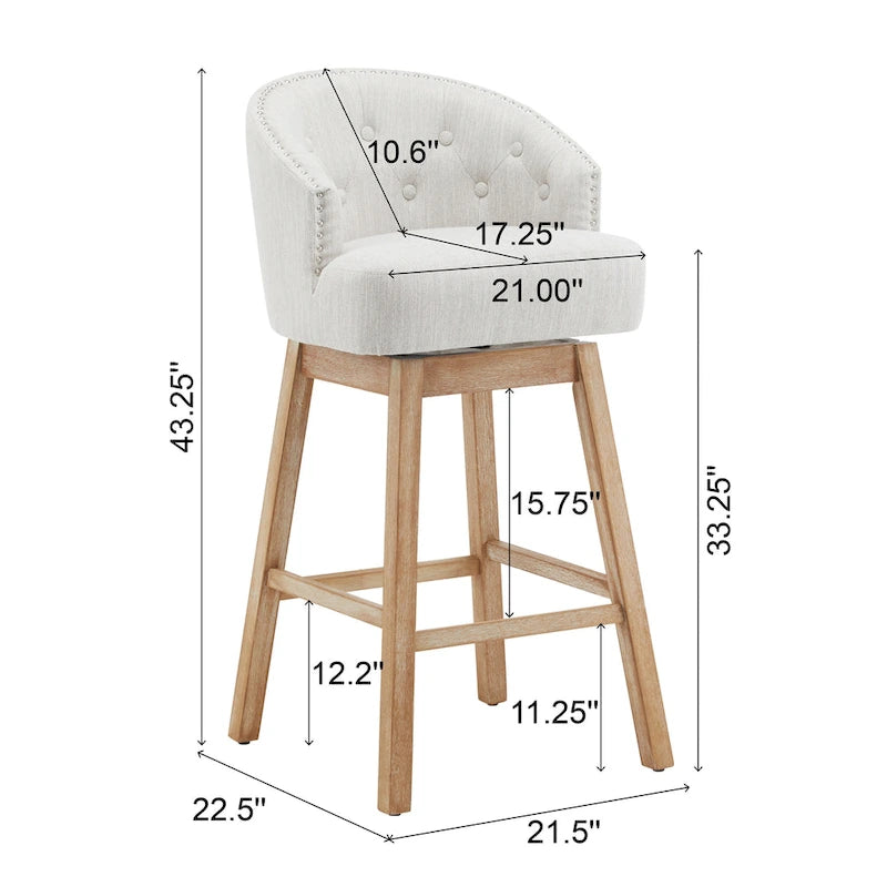 Tabourets de comptoir pivotants rembourrés Roomfitters 33.25, lot de 2 chaises de bar sans accoudoirs avec cadre en bois d'hévéa et repose-pieds