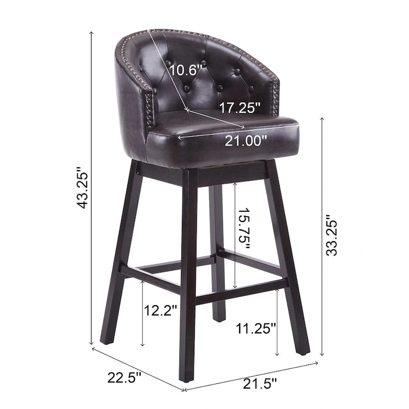 Tabourets de comptoir pivotants rembourrés Roomfitters 33.25, lot de 2 chaises de bar sans accoudoirs avec cadre en bois d'hévéa et repose-pieds