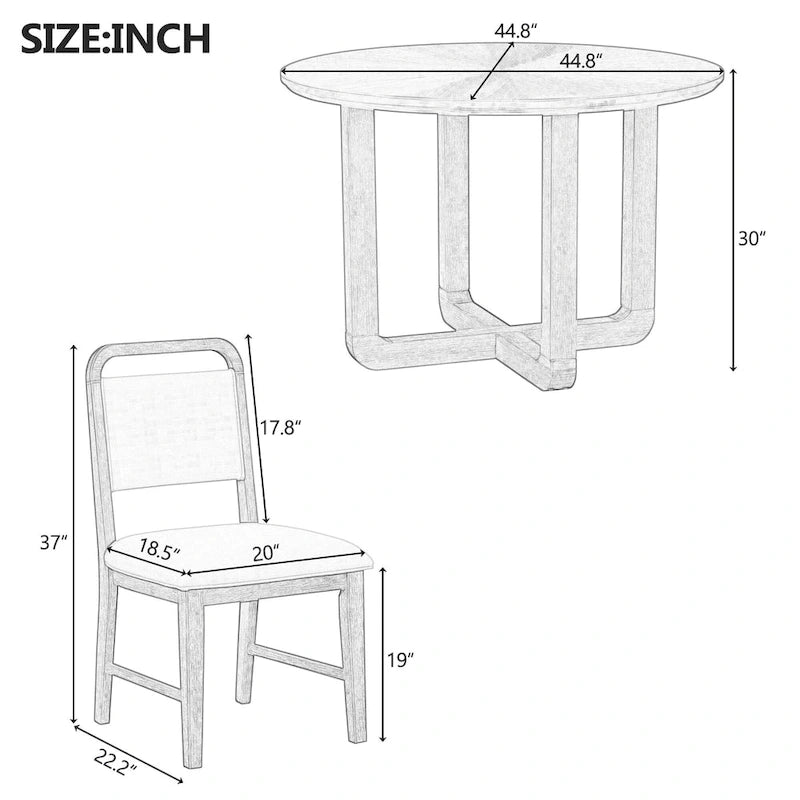 Ensemble table et chaises de salle à manger 5 pièces rondes en bois vintage avec plateau en bois grain radial pour salle à manger et cuisine