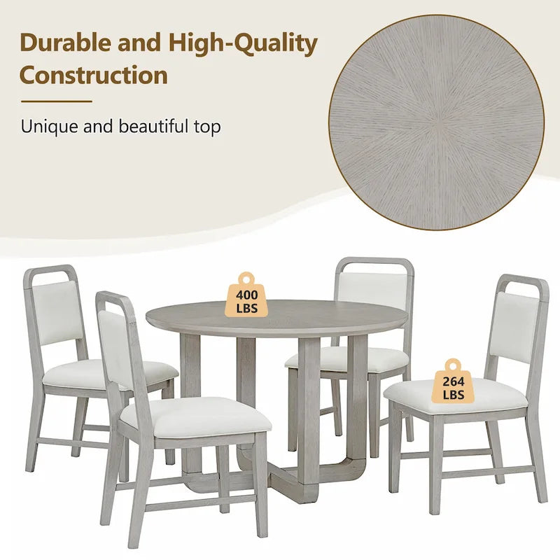 Ensemble table et chaises de salle à manger 5 pièces rondes en bois vintage avec plateau en bois grain radial pour salle à manger et cuisine