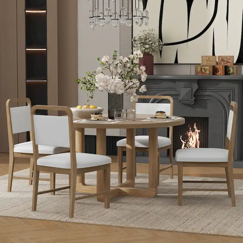Ensemble table et chaises de salle à manger 5 pièces rondes en bois vintage avec plateau en bois grain radial pour salle à manger et cuisine