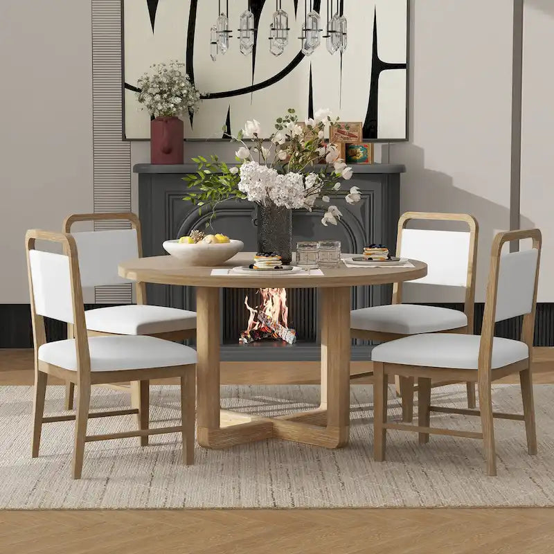 Ensemble table et chaises de salle à manger 5 pièces rondes en bois vintage avec plateau en bois grain radial pour salle à manger et cuisine