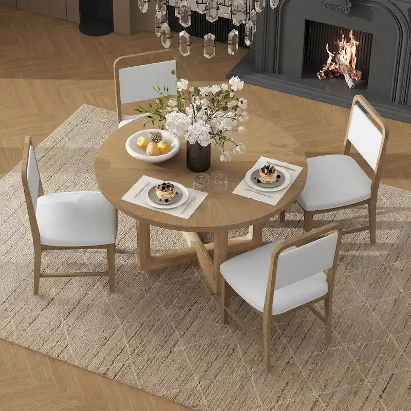 Ensemble table et chaises de salle à manger 5 pièces rondes en bois vintage avec plateau en bois grain radial pour salle à manger et cuisine