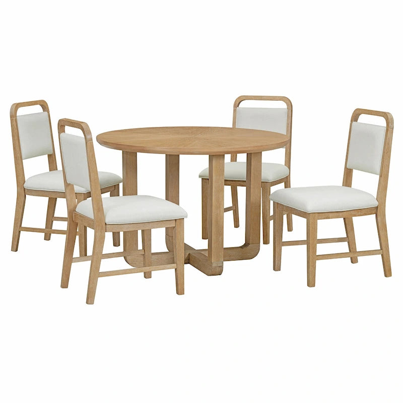Ensemble table et chaises de salle à manger 5 pièces rondes en bois vintage avec plateau en bois grain radial pour salle à manger et cuisine