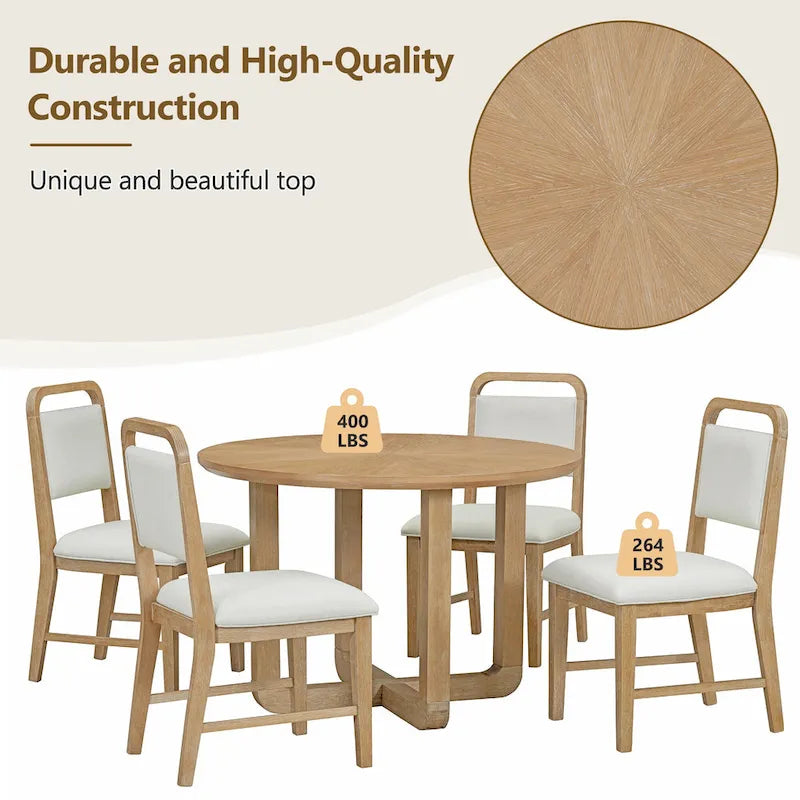 Ensemble table et chaises de salle à manger 5 pièces rondes en bois vintage avec plateau en bois grain radial pour salle à manger et cuisine