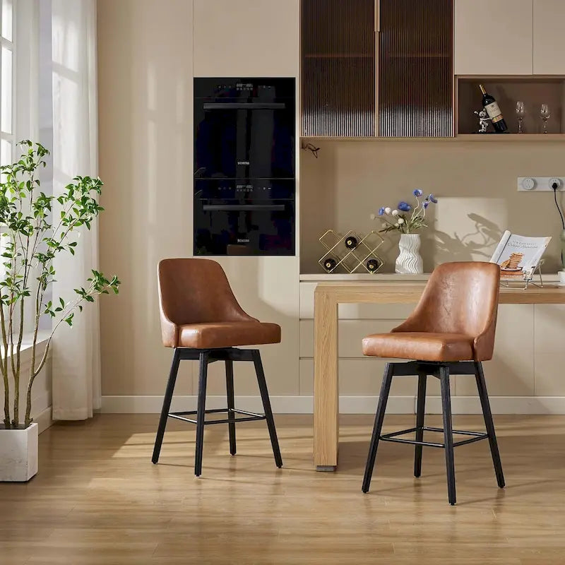 Tabourets de bar pivotants, lot de 2, hauteur comptoir avec dossiers et pieds en bois, chaises rembourrées pour îlot de cuisine