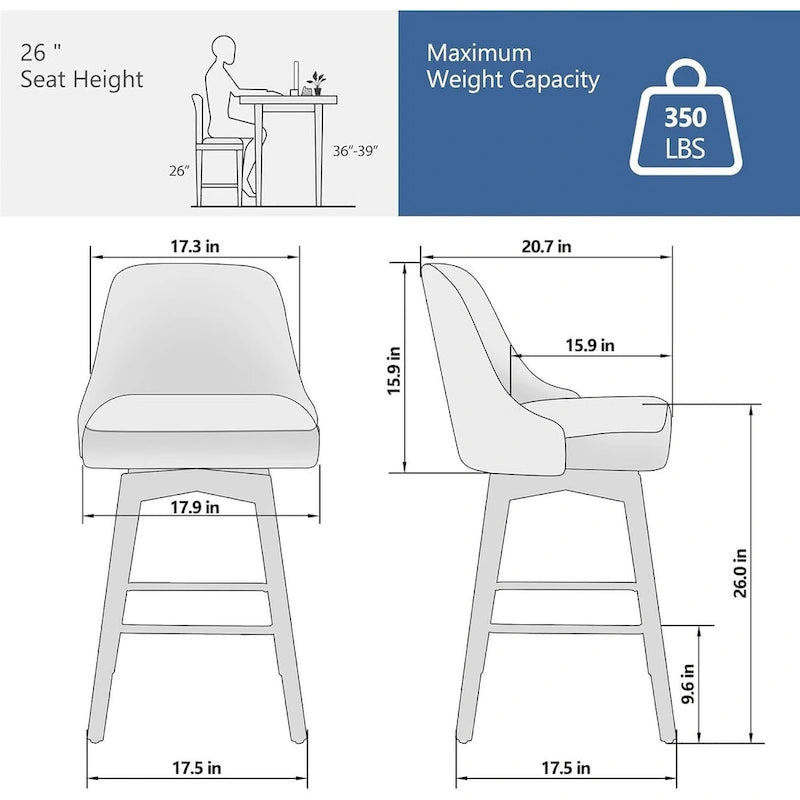 Tabourets de bar pivotants, lot de 2, hauteur comptoir avec dossiers et pieds en bois, chaises rembourrées pour îlot de cuisine
