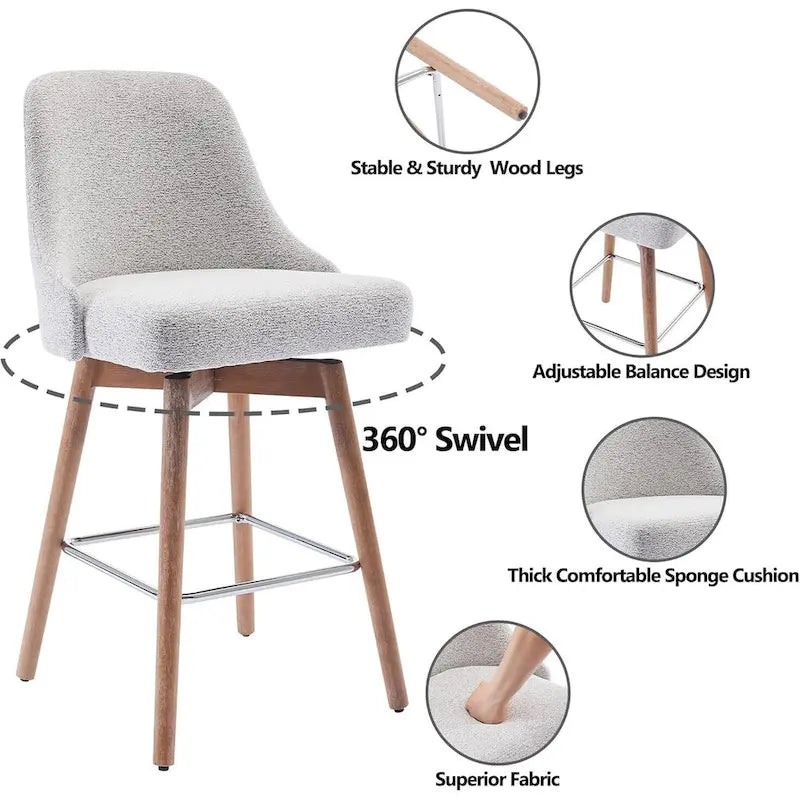 Tabourets de bar pivotants, lot de 2, hauteur comptoir avec dossiers et pieds en bois, chaises rembourrées pour îlot de cuisine