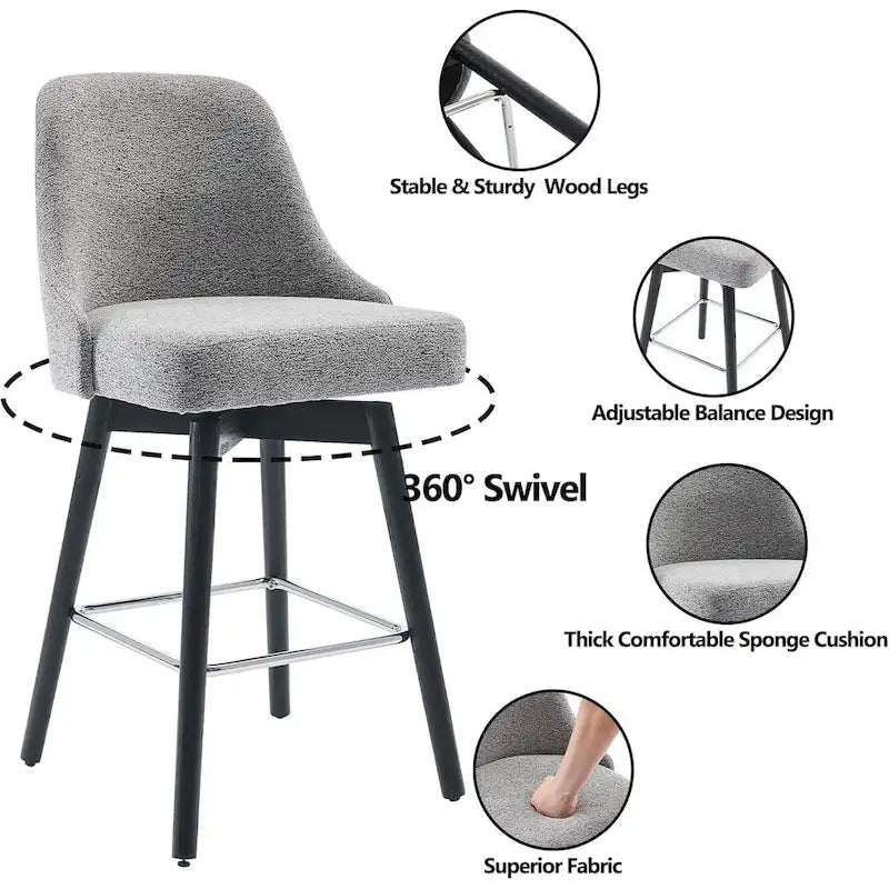 Tabourets de bar pivotants, lot de 2, hauteur comptoir avec dossiers et pieds en bois, chaises rembourrées pour îlot de cuisine