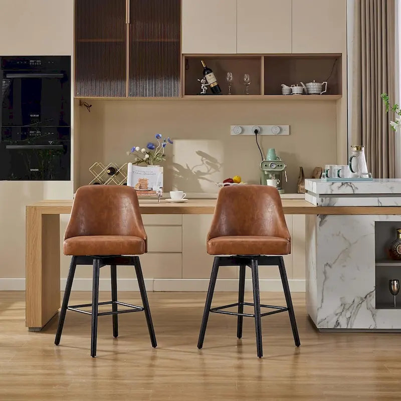 Tabourets de bar pivotants, lot de 2, hauteur comptoir avec dossiers et pieds en bois, chaises rembourrées pour îlot de cuisine
