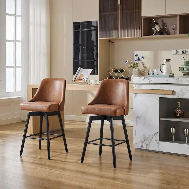 Tabourets de bar pivotants, lot de 2, hauteur comptoir avec dossiers et pieds en bois, chaises rembourrées pour îlot de cuisine