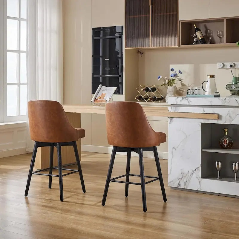 Tabourets de bar pivotants, lot de 2, hauteur comptoir avec dossiers et pieds en bois, chaises rembourrées pour îlot de cuisine