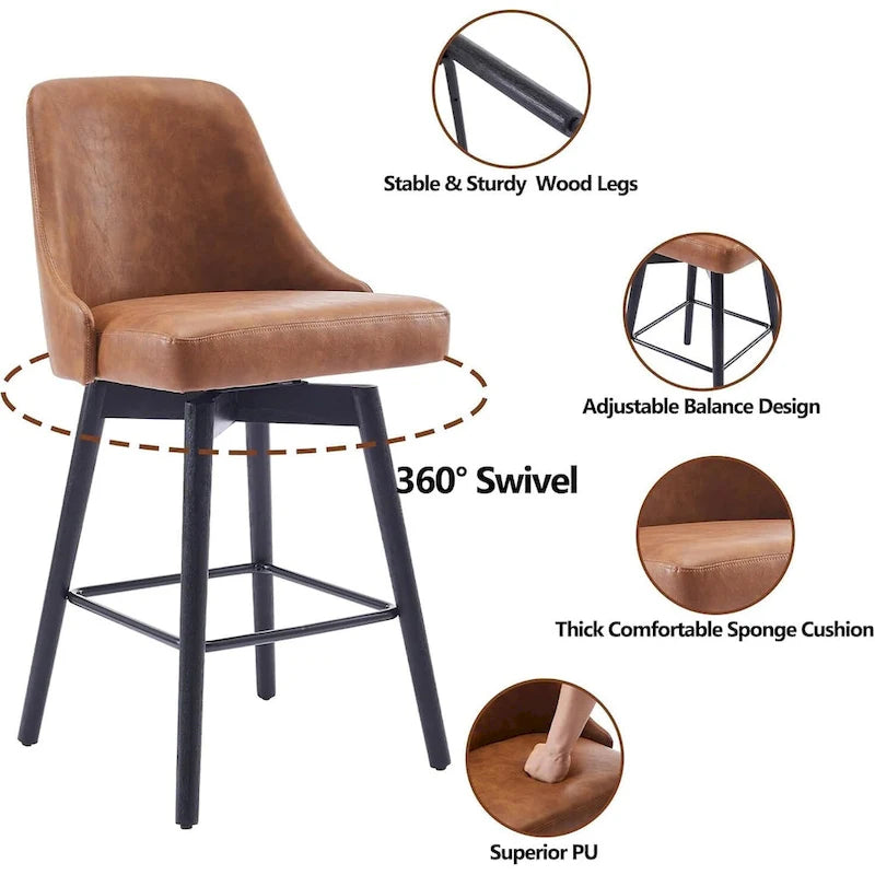 Tabourets de bar pivotants, lot de 2, hauteur comptoir avec dossiers et pieds en bois, chaises rembourrées pour îlot de cuisine