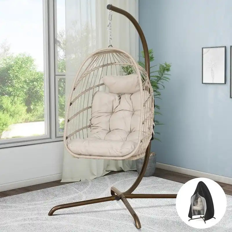 FINCATI Chaise balançoire d'intérieur œuf avec support, Chaise suspendue œuf avec support de 158 kg, Hamac en osier pour patio extérieur avec support