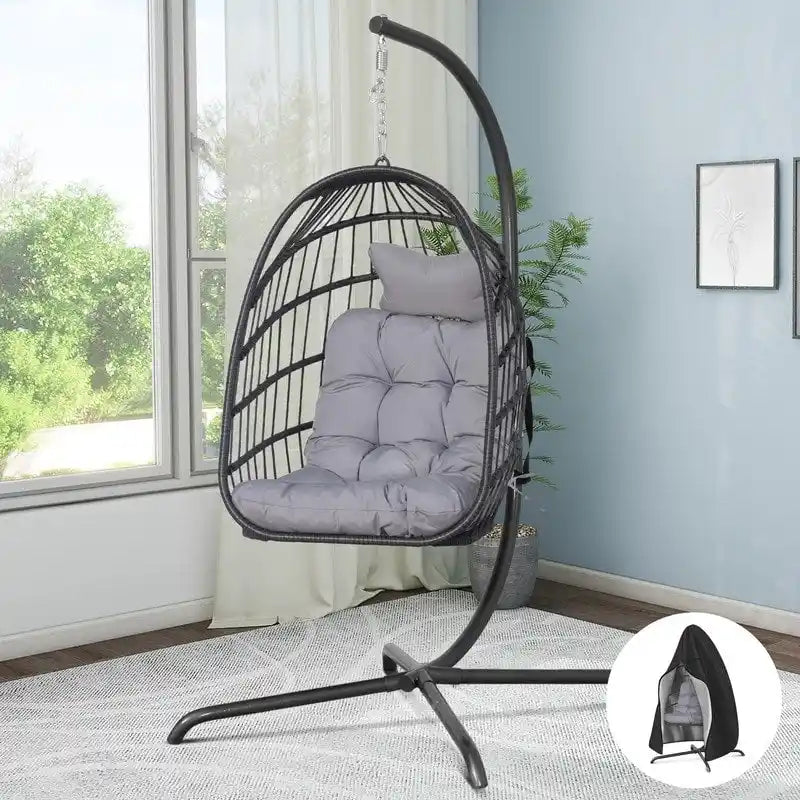 FINCATI Chaise balançoire d'intérieur œuf avec support, Chaise suspendue œuf avec support de 158 kg, Hamac en osier pour patio extérieur avec support