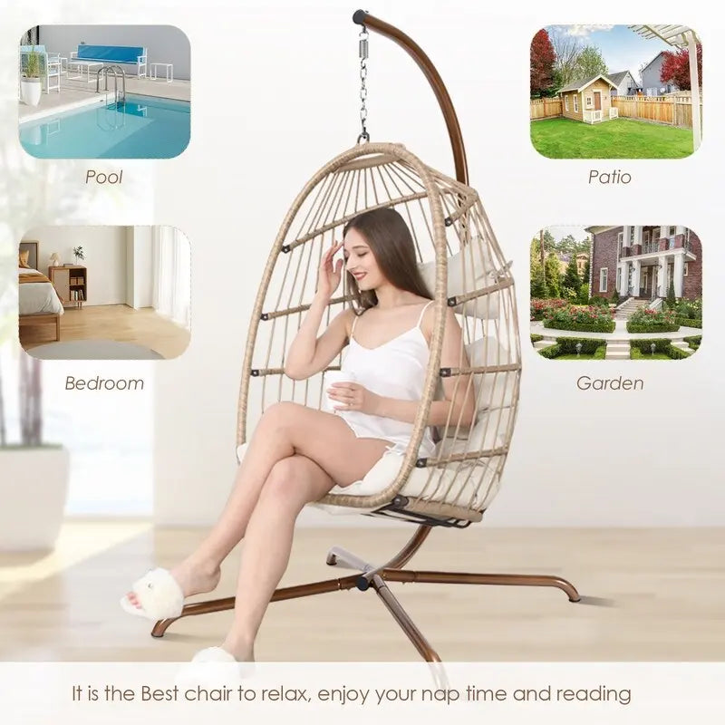FINCATI Chaise balançoire d'intérieur œuf avec support, Chaise suspendue œuf avec support de 158 kg, Hamac en osier pour patio extérieur avec support