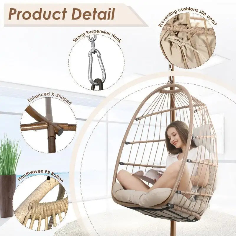 FINCATI Chaise balançoire d'intérieur œuf avec support, Chaise suspendue œuf avec support de 158 kg, Hamac en osier pour patio extérieur avec support