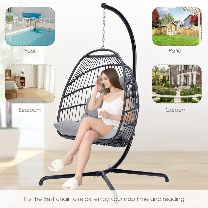 FINCATI Chaise balançoire d'intérieur œuf avec support, Chaise suspendue œuf avec support de 158 kg, Hamac en osier pour patio extérieur avec support
