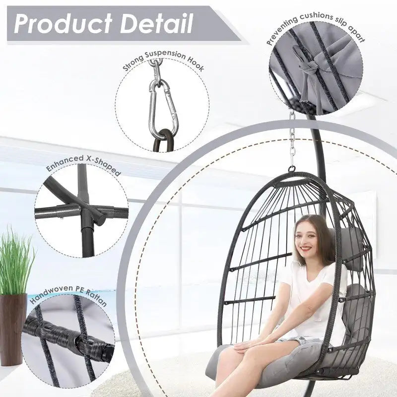 FINCATI Chaise balançoire d'intérieur œuf avec support, Chaise suspendue œuf avec support de 158 kg, Hamac en osier pour patio extérieur avec support