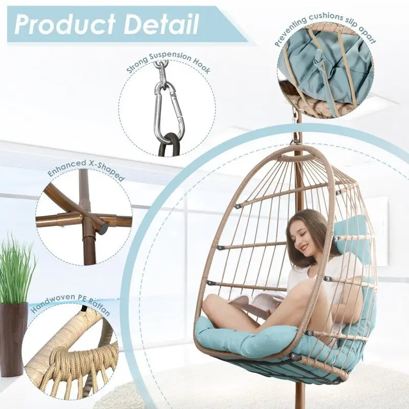 FINCATI Chaise balançoire d'intérieur œuf avec support, Chaise suspendue œuf avec support de 158 kg, Hamac en osier pour patio extérieur avec support
