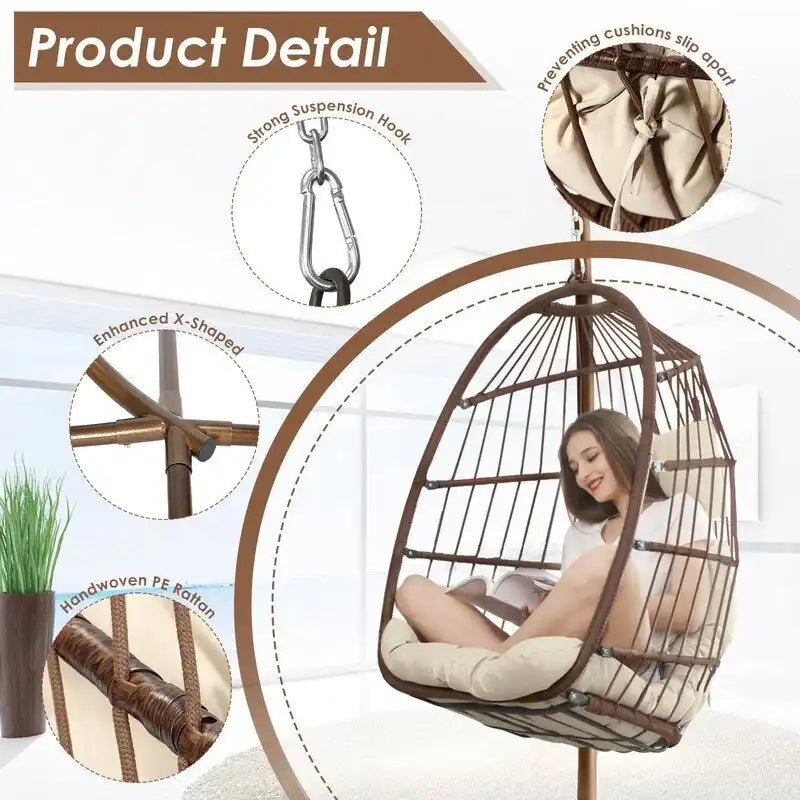 FINCATI Chaise balançoire d'intérieur œuf avec support, Chaise suspendue œuf avec support de 158 kg, Hamac en osier pour patio extérieur avec support