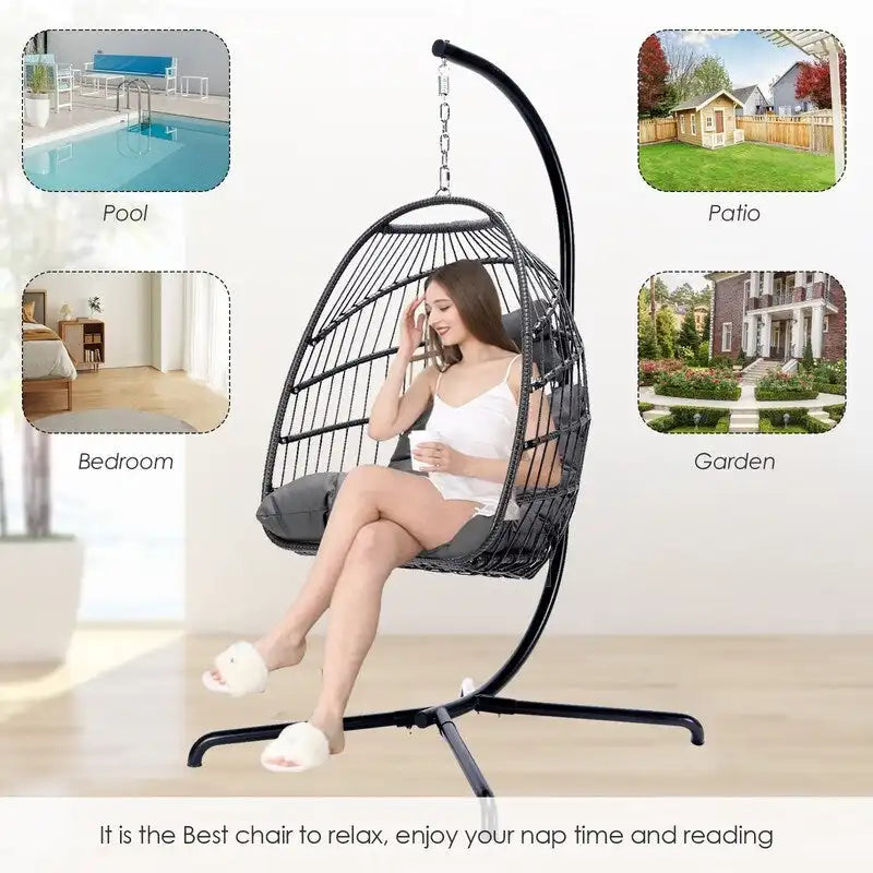 FINCATI Chaise balançoire d'intérieur œuf avec support, Chaise suspendue œuf avec support de 158 kg, Hamac en osier pour patio extérieur avec support