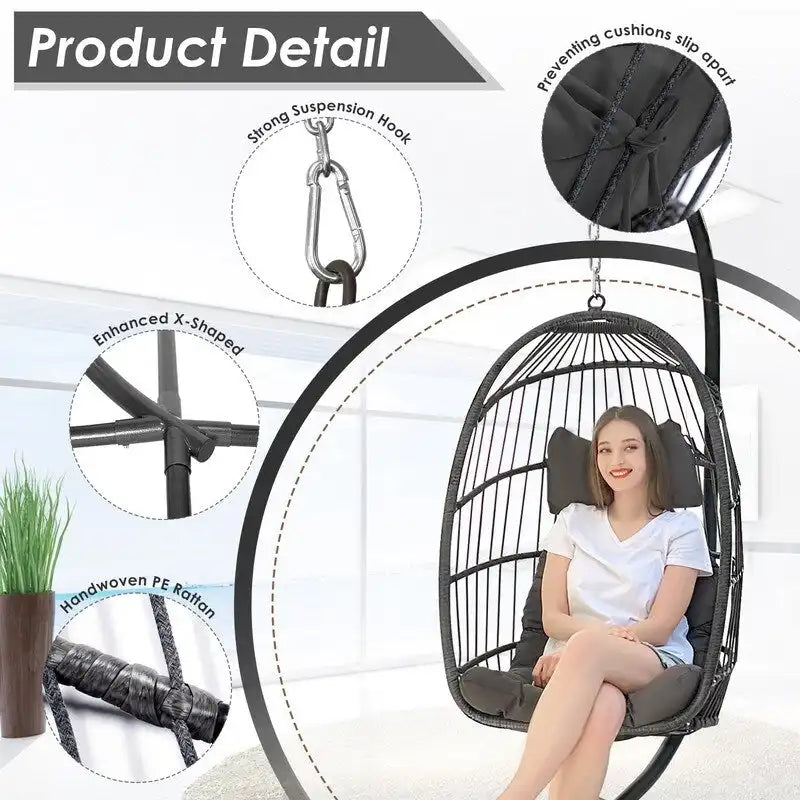 FINCATI Chaise balançoire d'intérieur œuf avec support, Chaise suspendue œuf avec support de 158 kg, Hamac en osier pour patio extérieur avec support