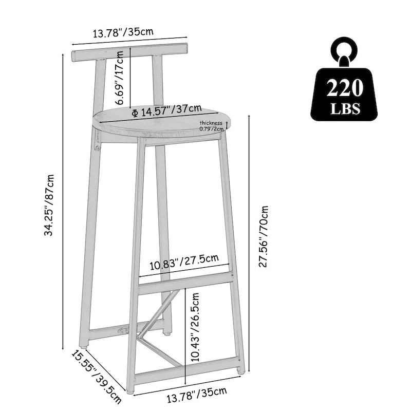 Tabouret de bar 27H - Lot de 3 tabourets de bar ronds en bois avec repose-pieds, assemblage facile, pour salle à manger, cuisine