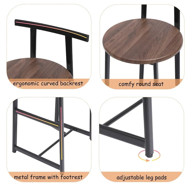 Tabouret de bar 27H - Lot de 3 tabourets de bar ronds en bois avec repose-pieds, assemblage facile, pour salle à manger, cuisine