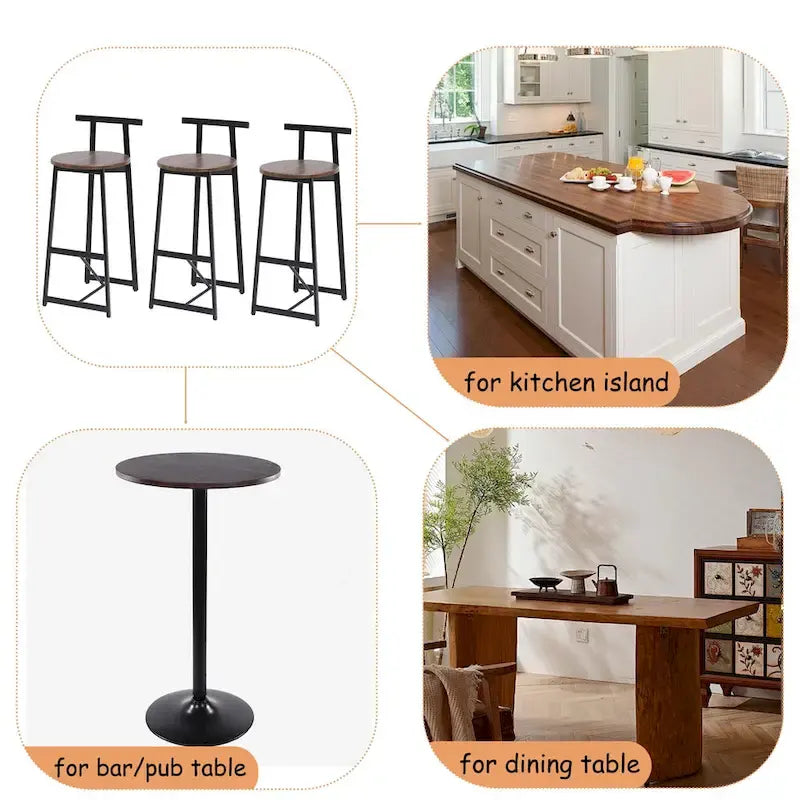 Tabouret de bar 27H - Lot de 3 tabourets de bar ronds en bois avec repose-pieds, assemblage facile, pour salle à manger, cuisine