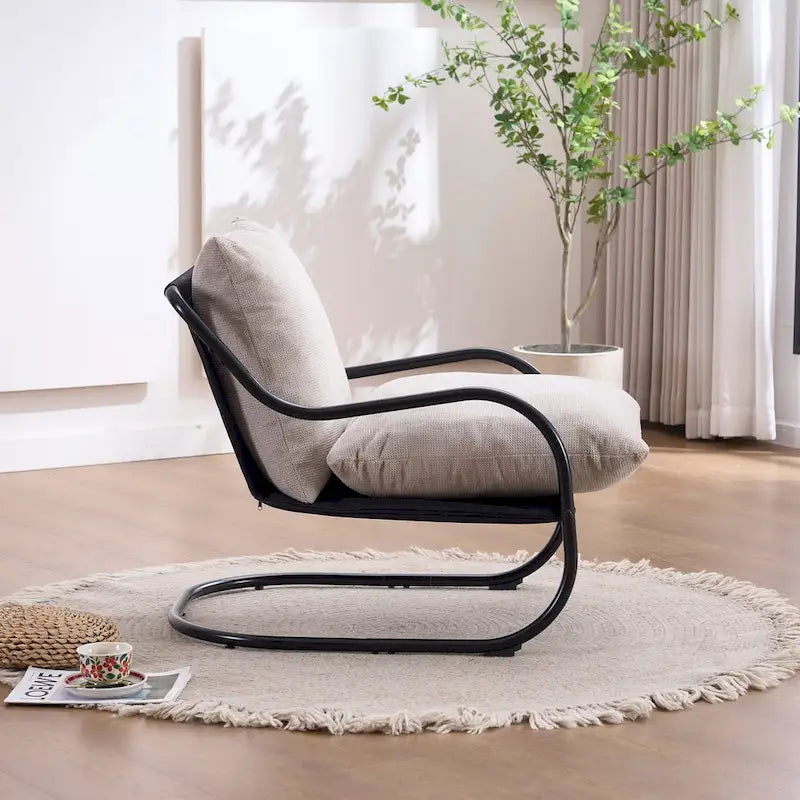 FERPIT Fauteuil d'appoint incurvé moderne avec revêtement en similicuir de lin, fauteuil de salon confortable avec cadre en métal et coussins