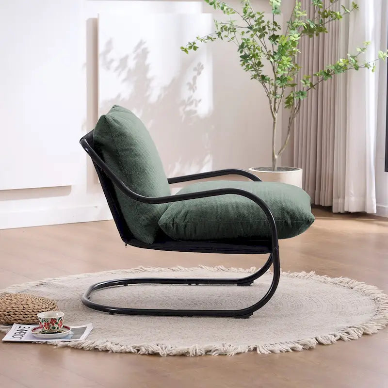 FERPIT Fauteuil d'appoint incurvé moderne avec revêtement en similicuir de lin, fauteuil de salon confortable avec cadre en métal et coussins