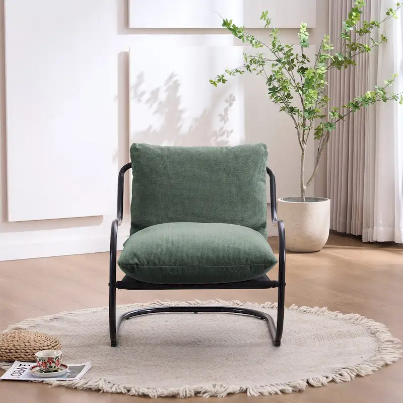 FERPIT Fauteuil d'appoint incurvé moderne avec revêtement en similicuir de lin, fauteuil de salon confortable avec cadre en métal et coussins