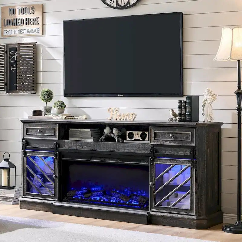 Meuble TV de cheminée de ferme pour téléviseur de 85 pouces, centre de divertissement