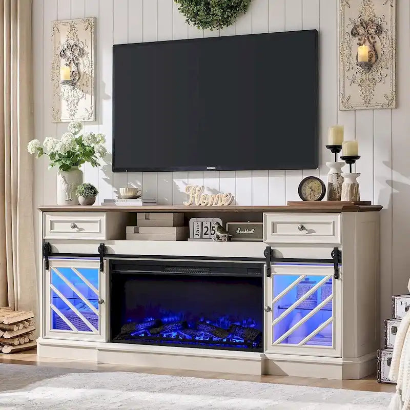 Meuble TV de cheminée de ferme pour téléviseur de 85 pouces, centre de divertissement