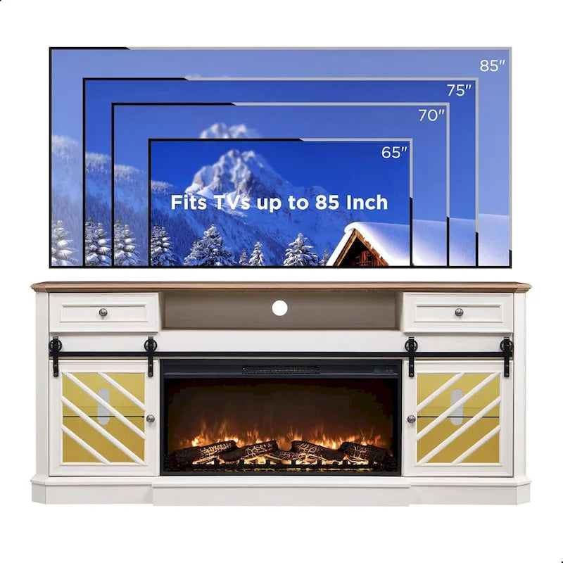 Meuble TV de cheminée de ferme pour téléviseur de 85 pouces, centre de divertissement