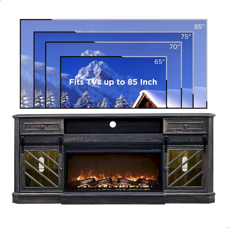 Meuble TV de cheminée de ferme pour téléviseur de 85 pouces, centre de divertissement