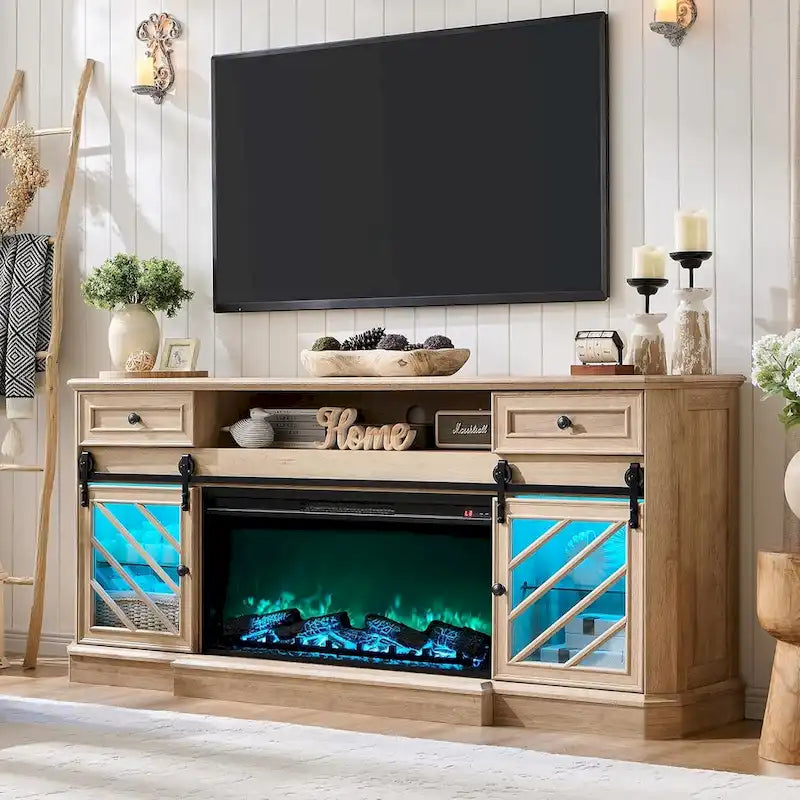 Meuble TV de cheminée de ferme pour téléviseur de 85 pouces, centre de divertissement
