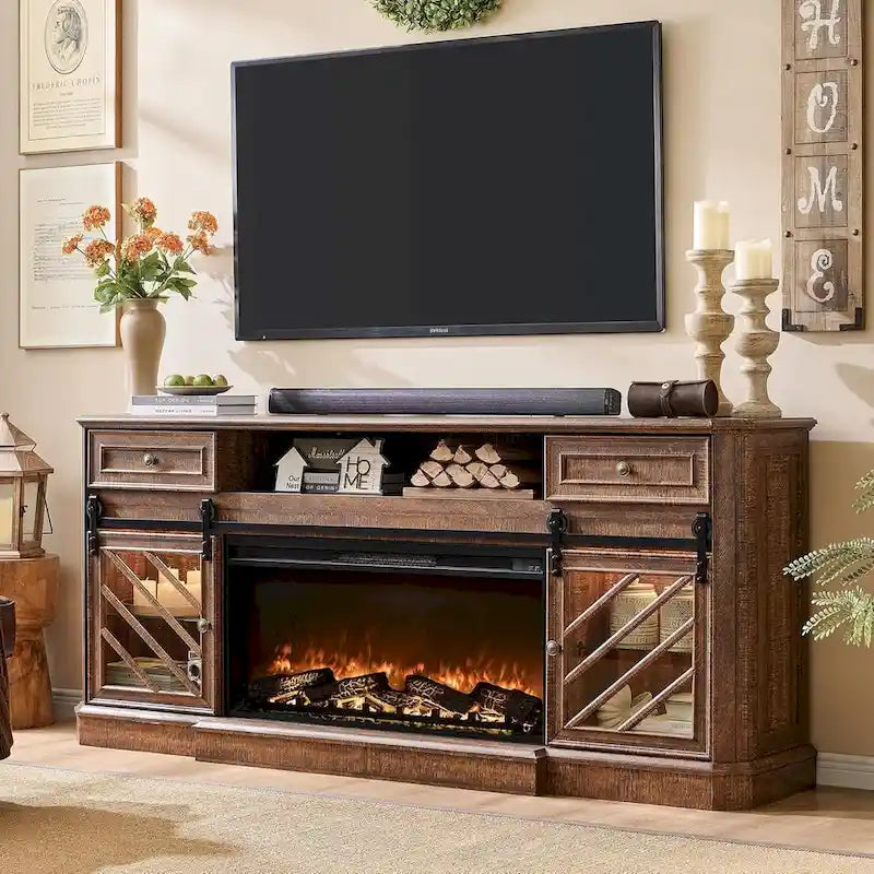 Meuble TV de cheminée de ferme pour téléviseur de 85 pouces, centre de divertissement