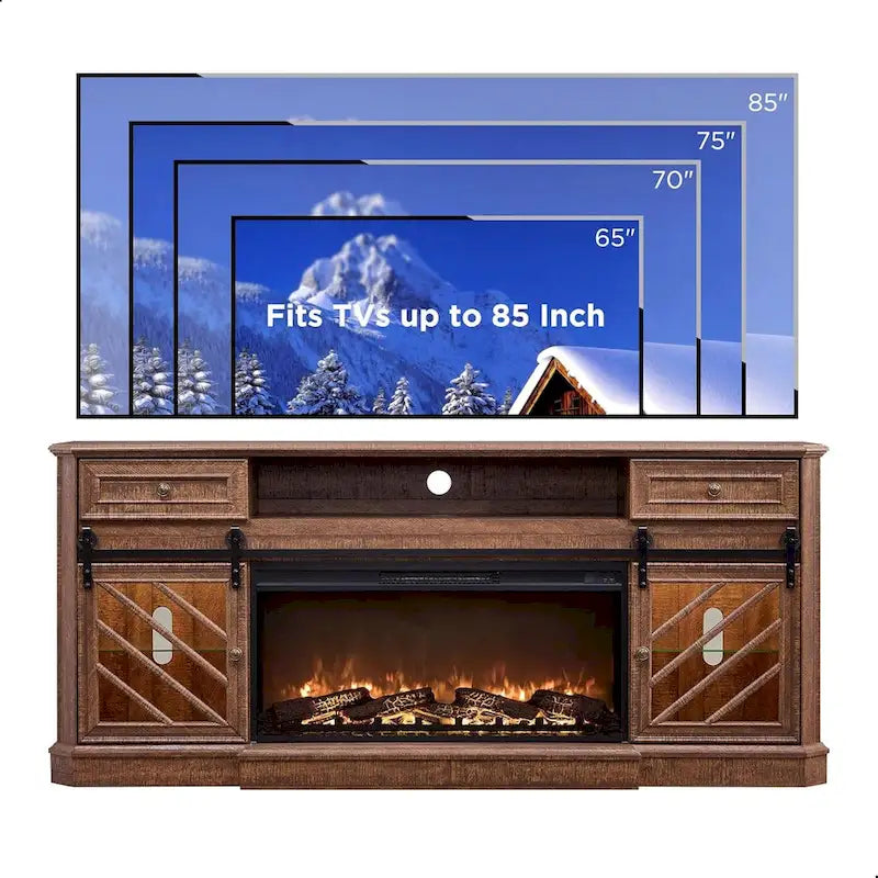 Meuble TV de cheminée de ferme pour téléviseur de 85 pouces, centre de divertissement
