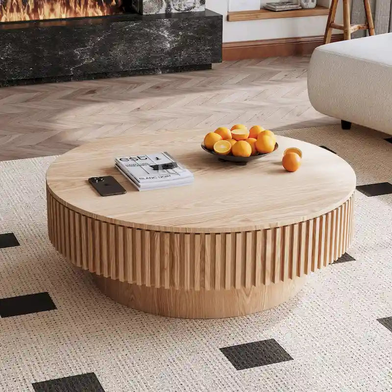 Table basse/de salon ronde moderne plaquée en bois massif avec rangement