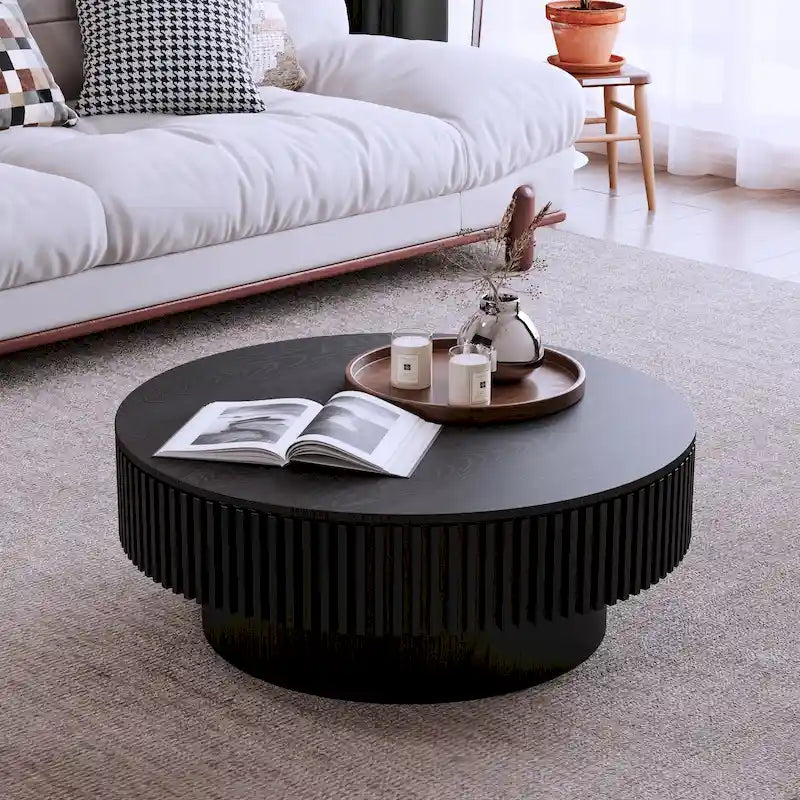 Table basse/de salon ronde moderne plaquée en bois massif avec rangement