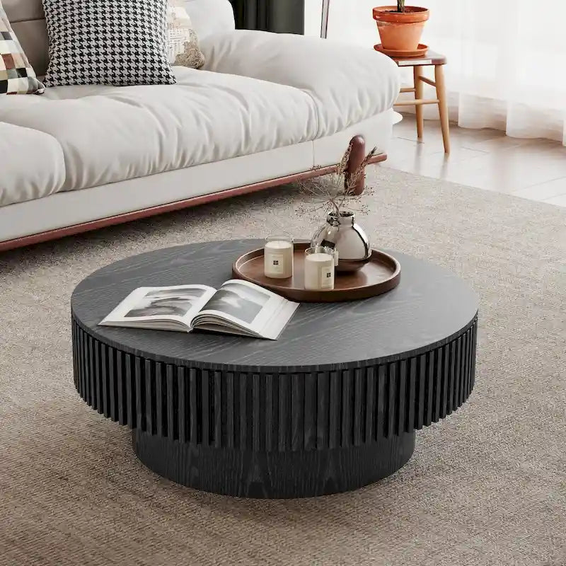 Table basse/de salon ronde moderne plaquée en bois massif avec rangement