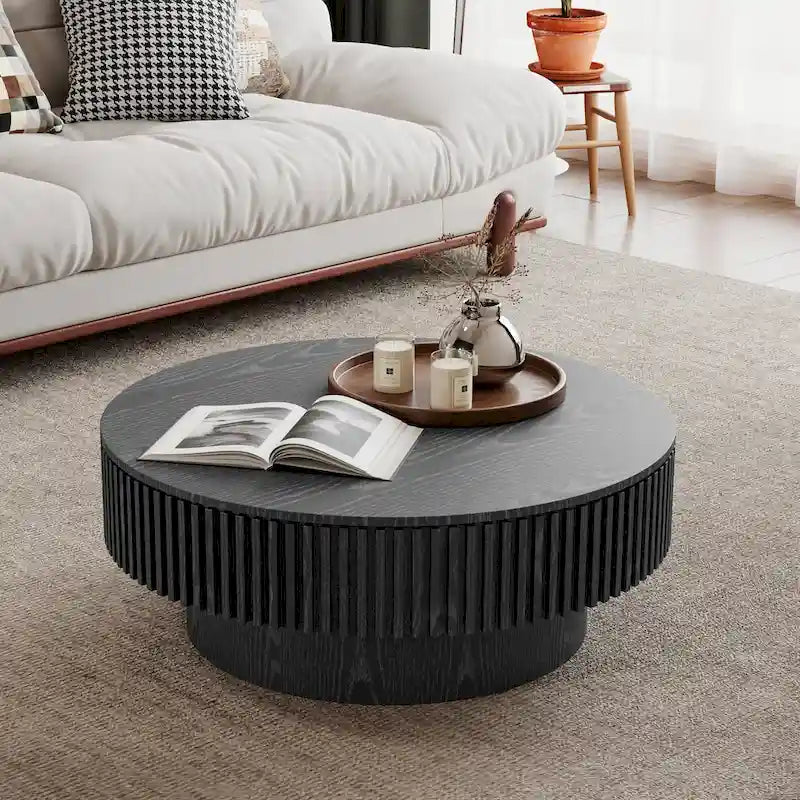 Table basse/de salon ronde moderne plaquée en bois massif avec rangement