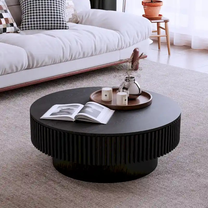 Table basse/de salon ronde moderne plaquée en bois massif avec rangement