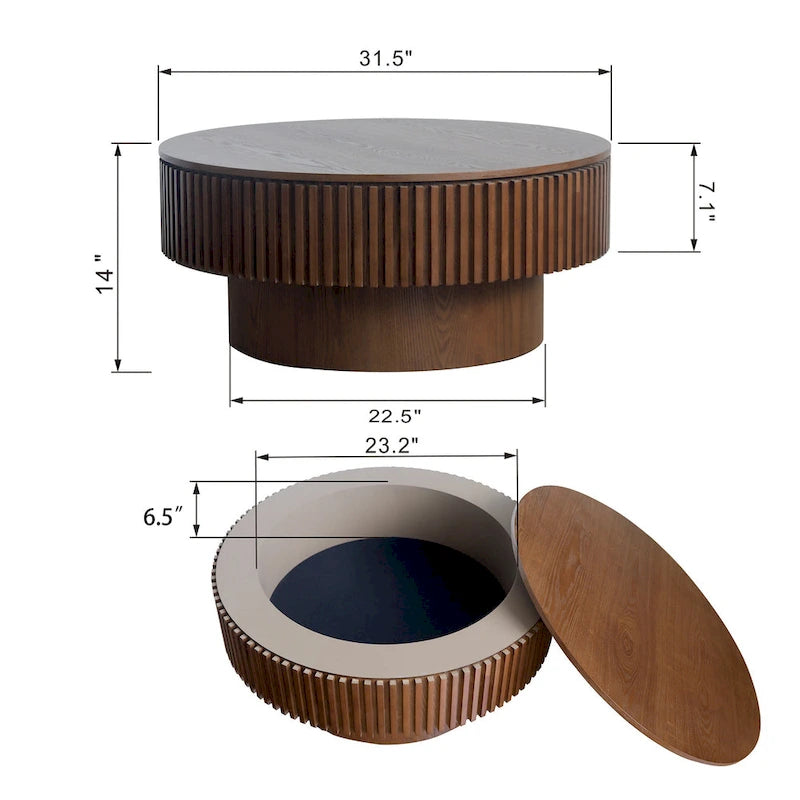 Table basse/de salon ronde moderne plaquée en bois massif avec rangement